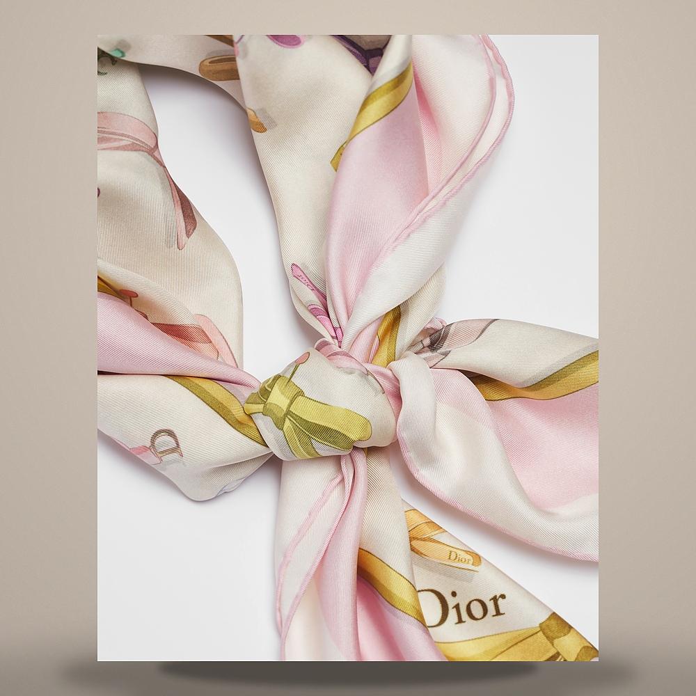 DIOR Delicate Bow 90 Square Silk Twill Scarf Pink Multi Color 62TC090S6048C419