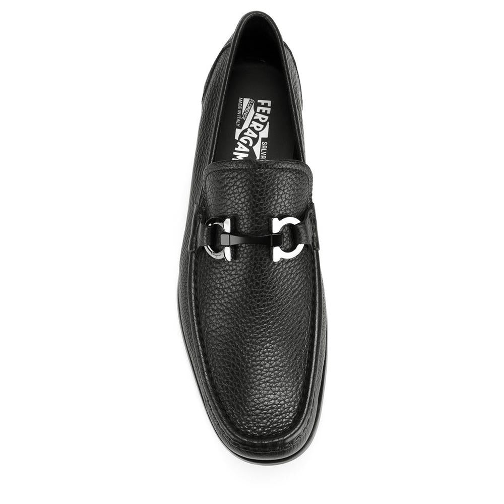 Ferragamo Black Leather Grandioso Double Gancini Loafers Silver-Tone 0642848