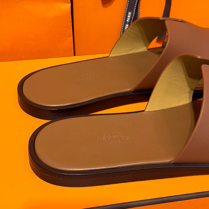 HERMES Izmir Slippers Calfskin Gold Brown Men's Sandals