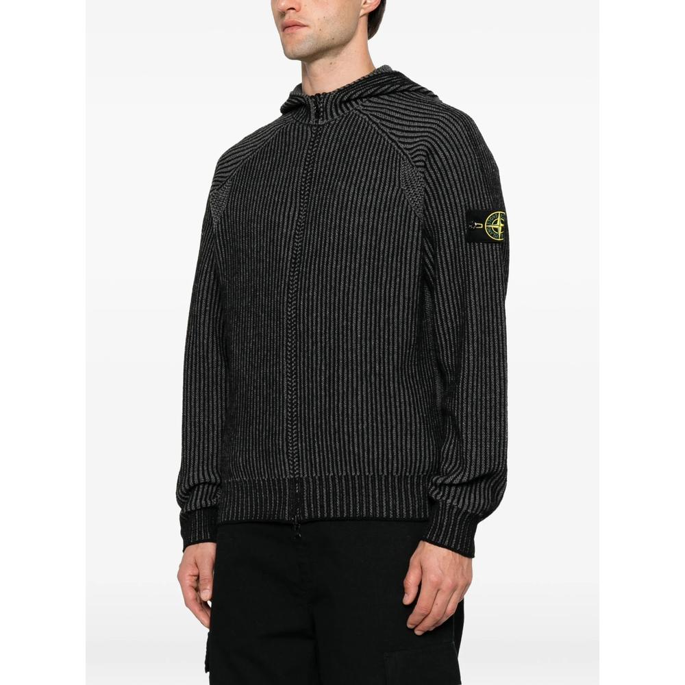 STONE ISLAND Black Wool Zip-Up Knit Cardigan