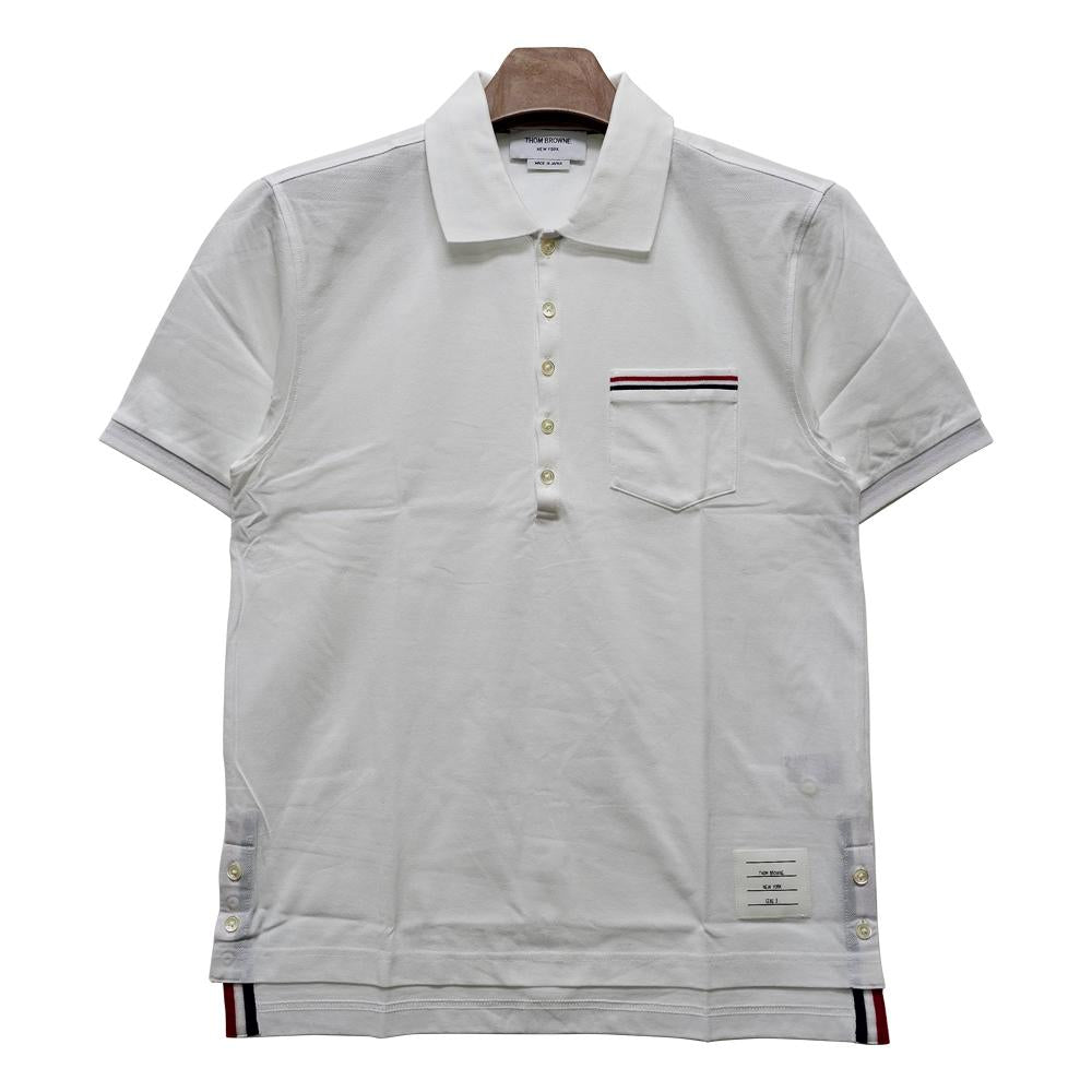 THOM BROWNE Tricolor Stripe Pocket Piqué Polo Shirt White Men’s