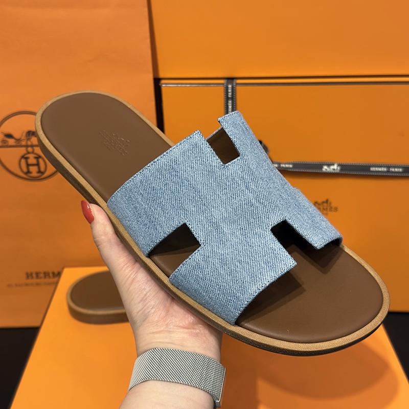 HERMES Izmir Two-Tone Calfskin Denim Brown Men’s Sandals