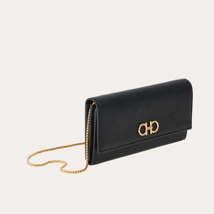 Ferragamo Black Leather Gancini Chain Wallet Long Wallet Crossbody
