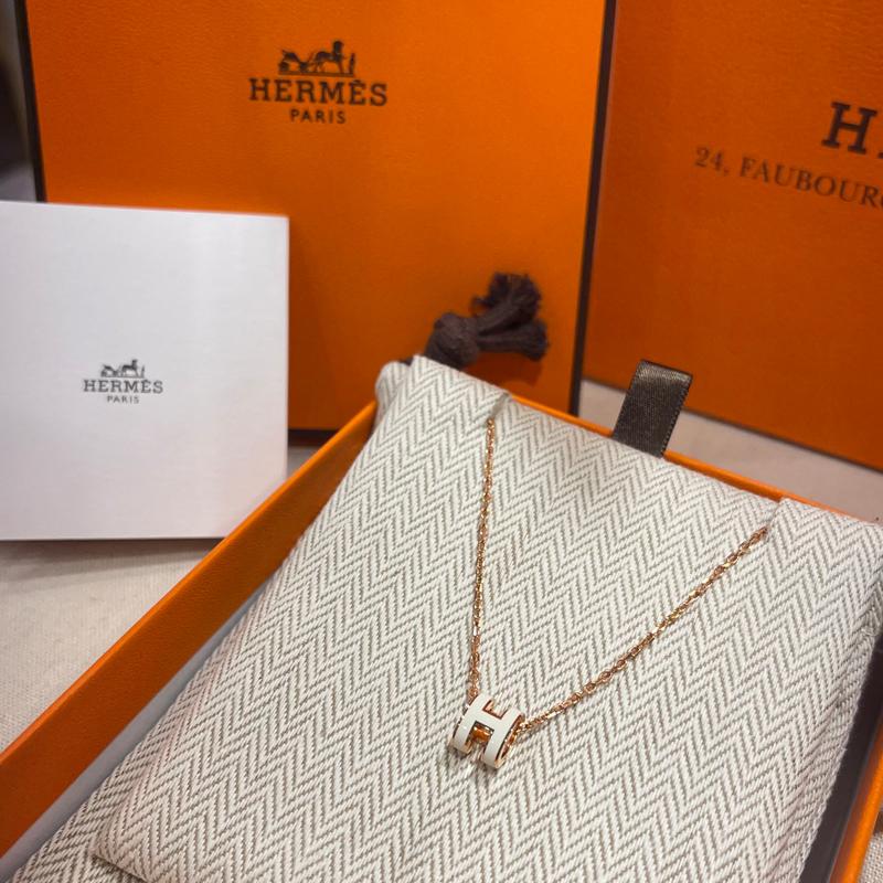 HERMES Mini Pop H Necklace White Rose Gold Pendant Women