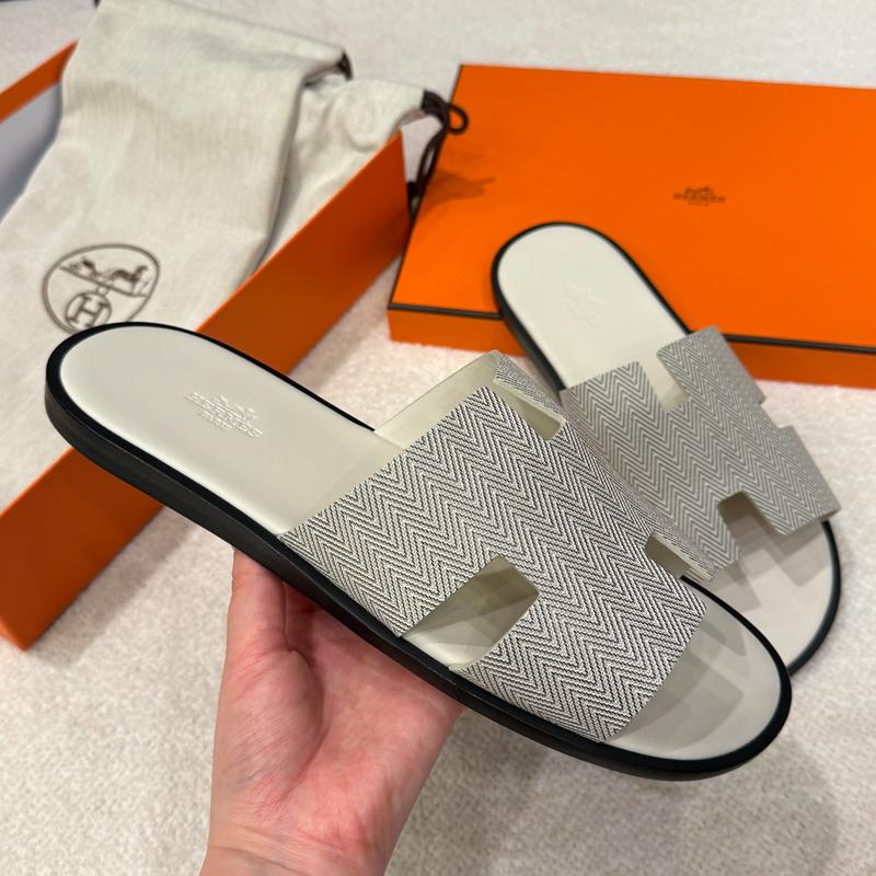 HERMES Izmir Sandals White Herringbone Calfskin Men's Slippers