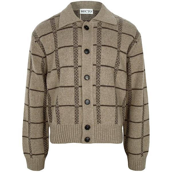 Recto Sepia Beige Square Jacquard Collar Wool Cashmere Cardigan RM25WKCD001