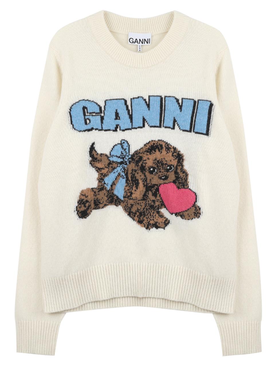 GANNI Ivory Puffed Wool Crewneck Sweater K2562135