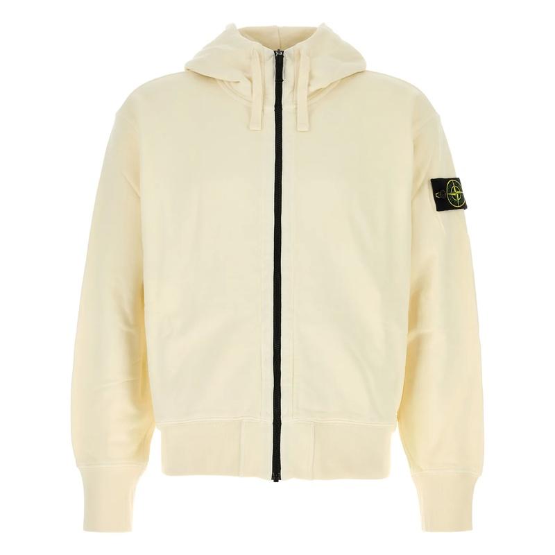 STONE ISLAND Organic Cotton Fleece Zip Hoodie Jacket Men Beige