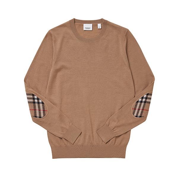 BURBERRY Elbow Patch Check Wool Round Neck Knit Sweater Women 80170201