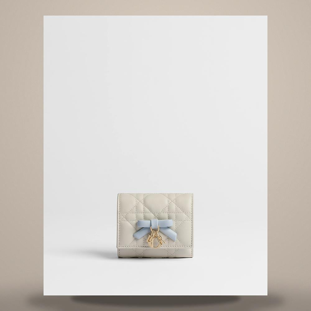 DIOR Two-Tone Latte Ice Blue Lady Dior Hibiscus Card Holder Lambs S2624OUQC M13E