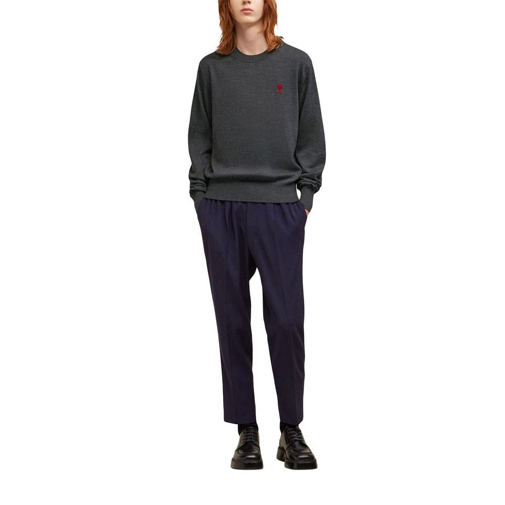 AMI Heart Logo Embroidered Unisex Crewneck Knit Sweater Gray