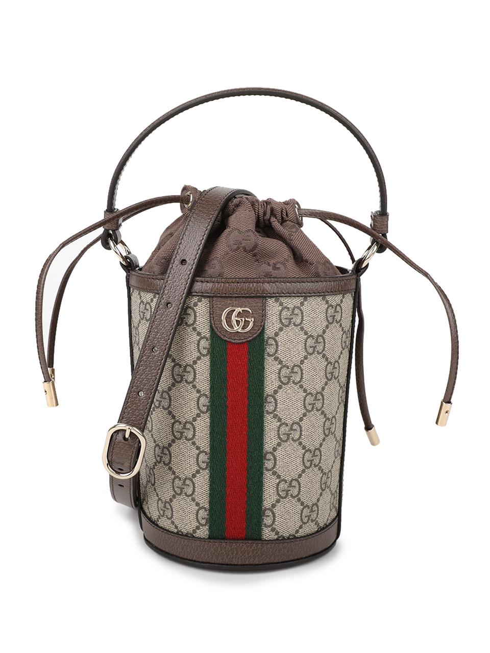 GUCCI Ophidia Mini Bucket Bag Brown Canvas Leather Shoulder Bag