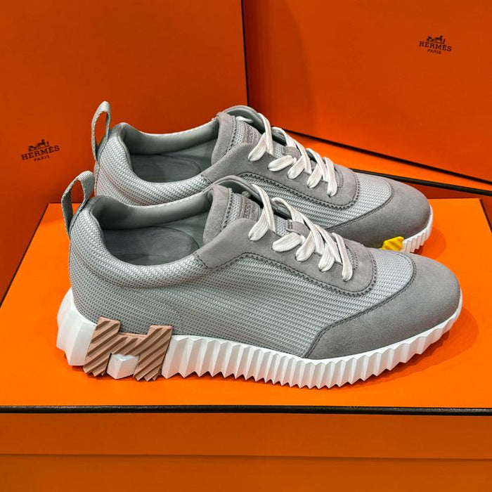 HERMES Bouncing Sneakers Gray Mesh with Brown Logo Low-Top Women