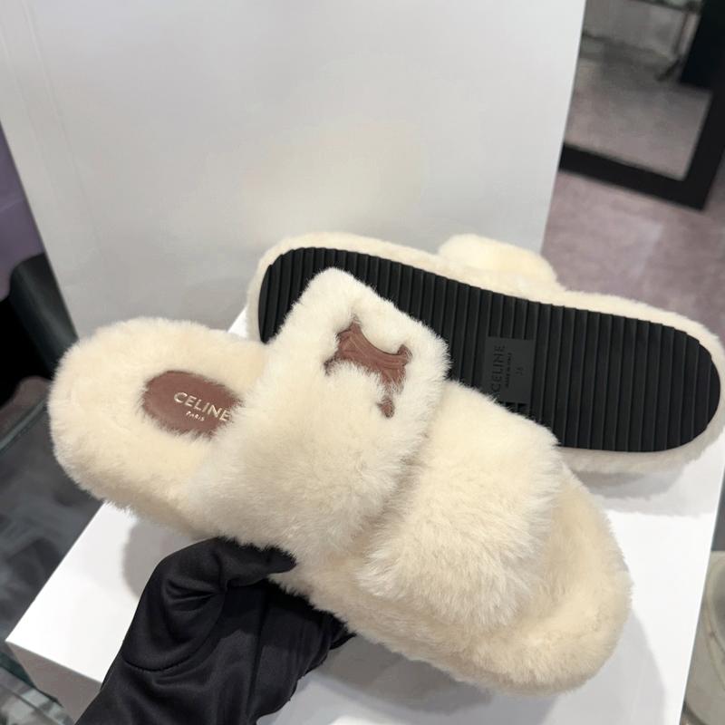 CELINE Triomphe Shearling Fur Slide Sandals Ivory Women