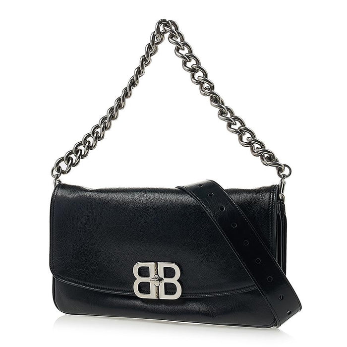 BALENCIAGA Black Leather BB Flap Shoulder Bag