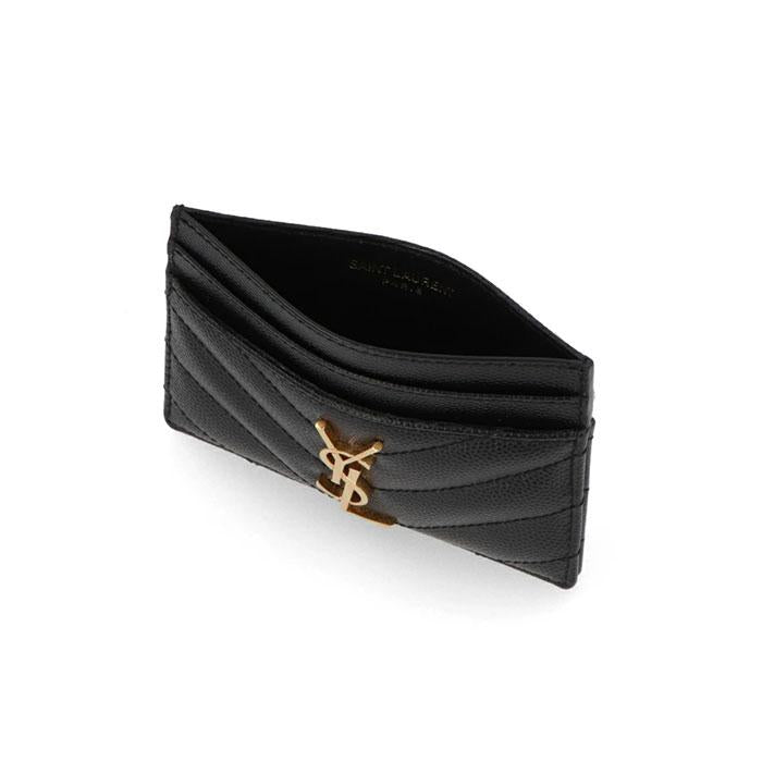 Saint Laurent Cassandra Gold Matelassé Grain de Poudre Card Holder Black