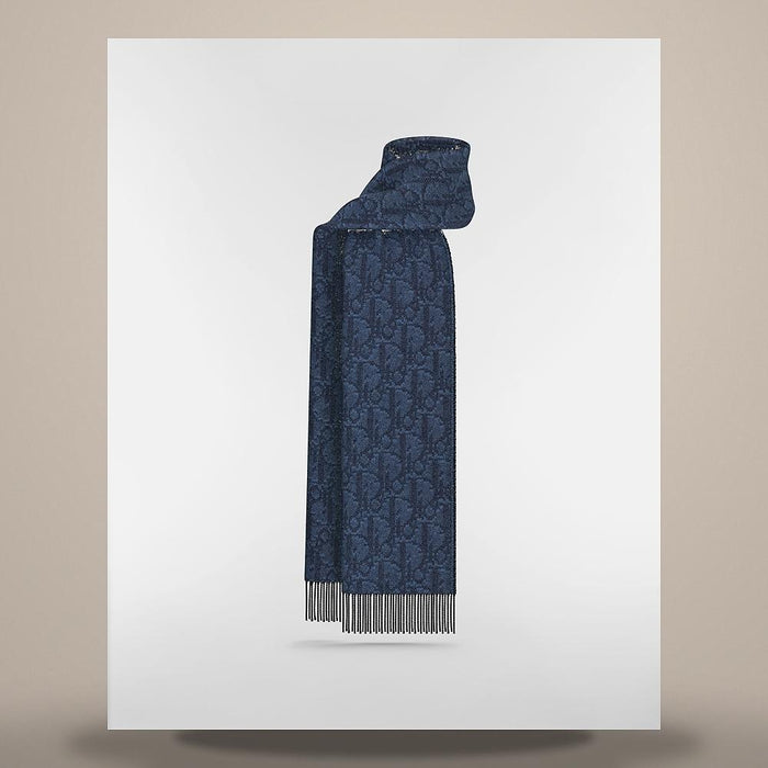 DIOR Oblique Reversible Scarf Blue Navy Cashmere Wool Scarf