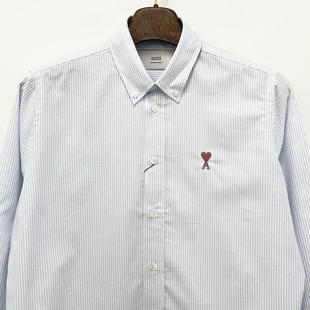 AMI Heart Logo Button-Down Stripe Long Sleeve Shirt