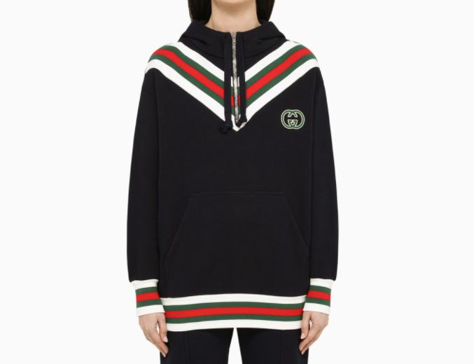 GUCCI Web Interlocking Zip-Up Hoodie Navy Women’s Cotton Top