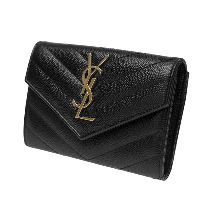 Saint Laurent Black Leather Compact Wallet with Gold Logo Card Holder