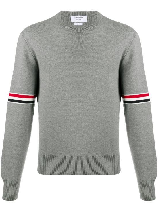 THOM BROWNE RWB Armband Jacquard Round Neck Knit Sweater Light Gray