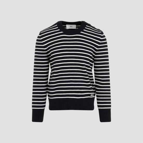 AMI Wool Crewneck Sweater for Men HKS039 KN0061 4023 NAVY BLUE OFF WHITE DOM