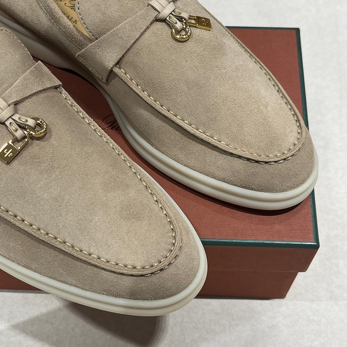 Loro Piana Beige Leather Summer Loafers Gold Hardware Men’s