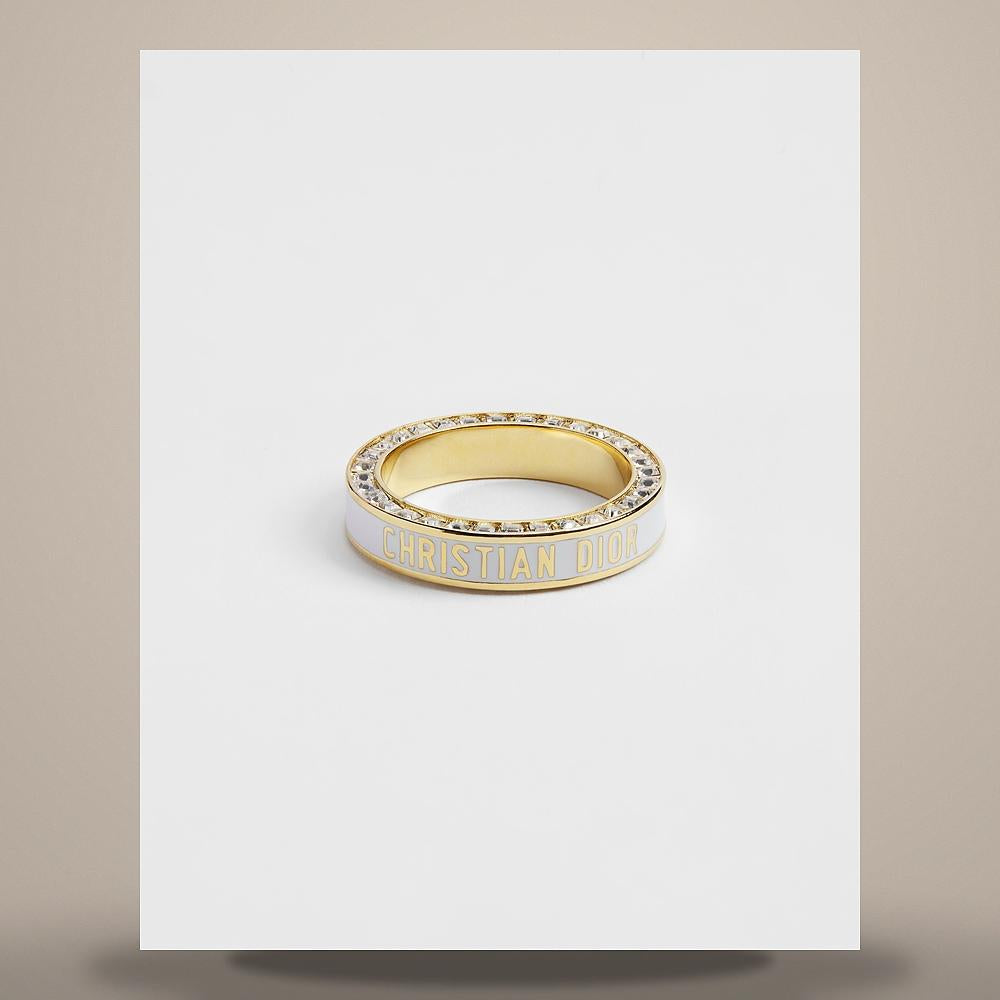 DIOR Gold-Finish Metal Ring with Crystals and White Lacquer