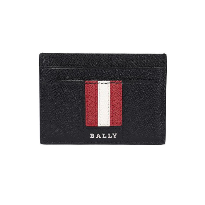 BALLY THAR Metal Stripe Card Holder Wallet Black Leather