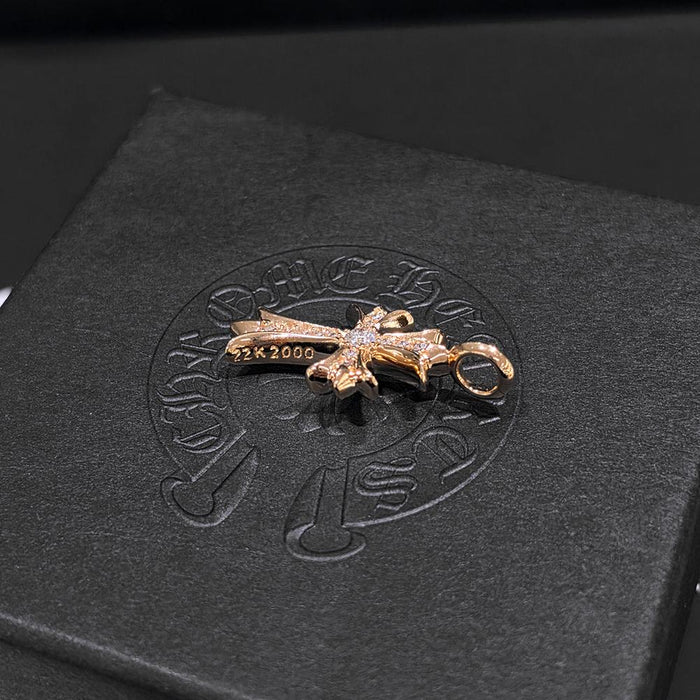 Chrome Hearts 22k Gold Tiny Cross Pave Diamond Charm Pendant