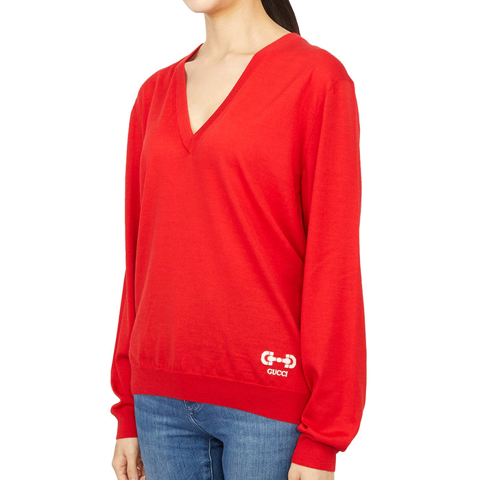 GUCCI Horsebit Red Wool V-Neck Sweater for Women