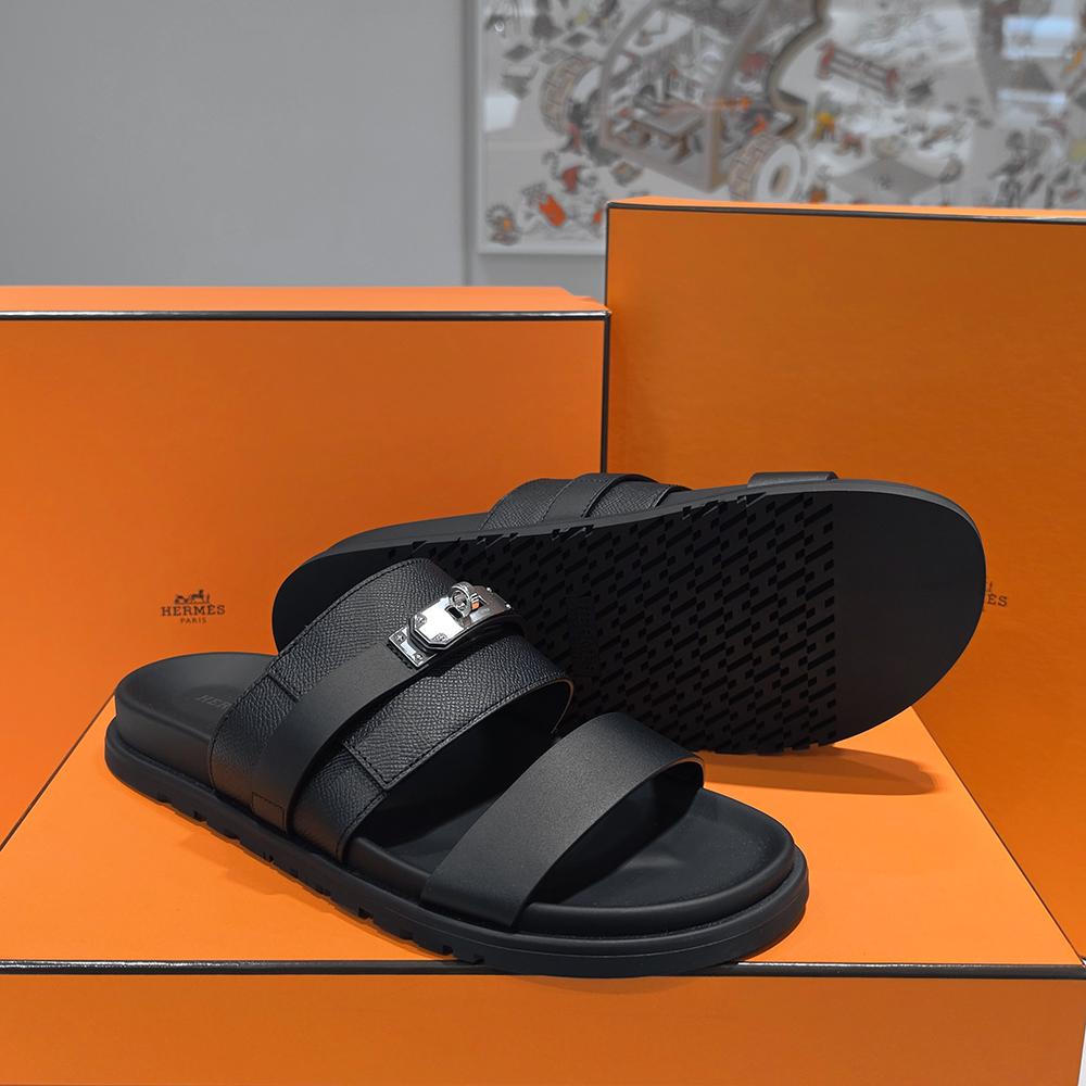 HERMES Men’s Jackson Slides Epsom Calfskin Black Silver-Tone Hardware
