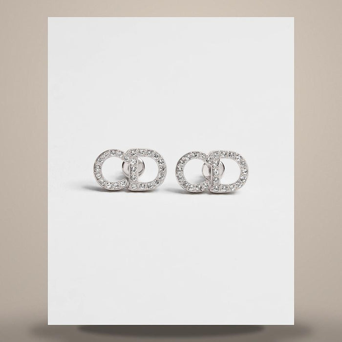 DIOR CD Signature Crystal Stud Earrings Silver-Finish Metal