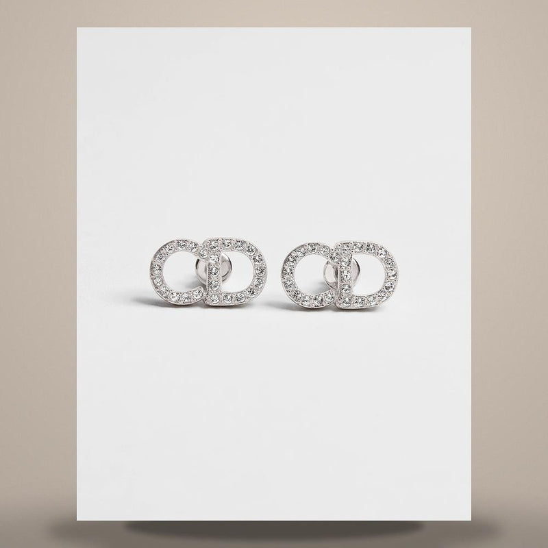 DIOR CD Signature Crystal Stud Earrings Silver-Finish Metal
