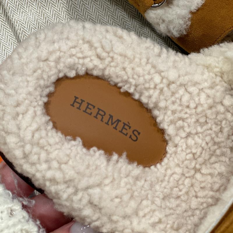 HERMES Shearling Chypre Sandals Suede Goatskin Woolskin Natural Ecru Women