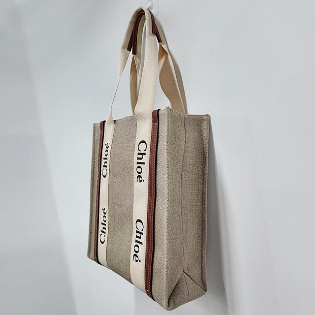 Chloe Woody NS Tote Bag Beige Canvas Leather Trim