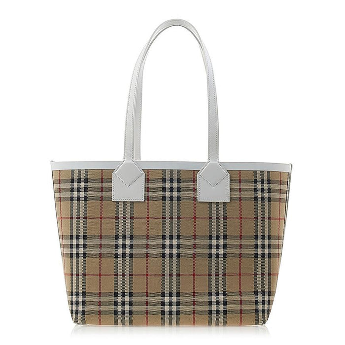 BURBERRY Medium London Tote Bag Beige Canvas Leather Trim