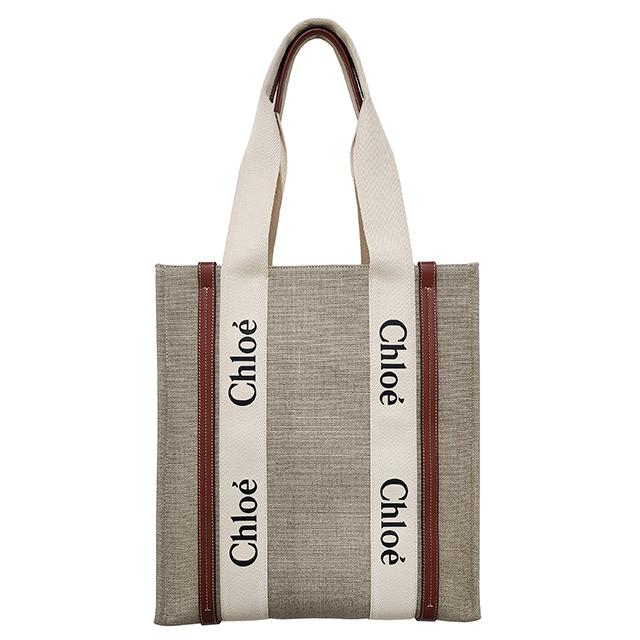 Chloe Woody NS Tote Bag Beige Canvas Leather Trim
