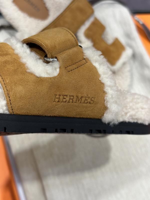 HERMES Shearling Chypre Sandals Suede Goatskin Wool Natural Ecru Men