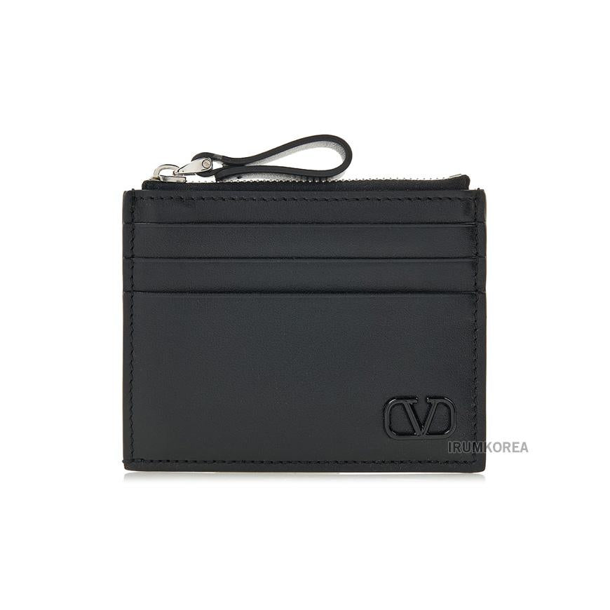 VALENTINO Garavani V Logo Zip Card Holder Unisex Black Leather 4Y2P0U76 ZQU 0NO