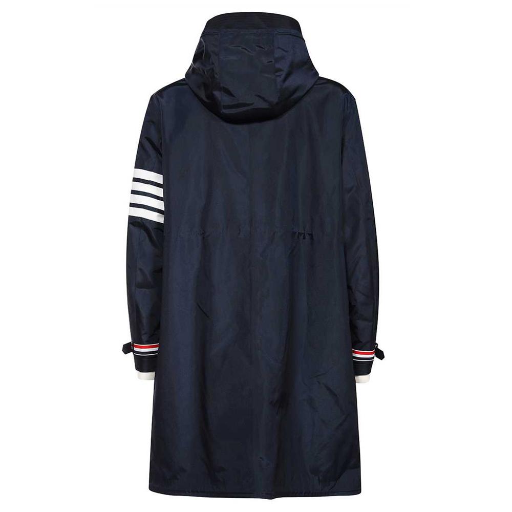 THOM BROWNE Navy Hooded Long Jacket with Armband Trim for Men MKJ089A Y1018 415