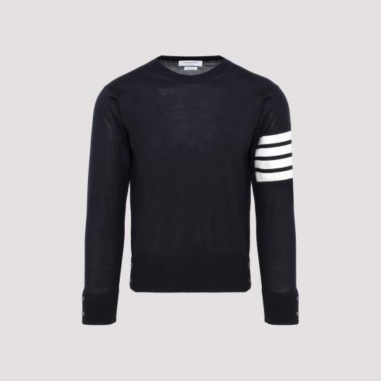 THOM BROWNE Navy Merino Wool Armband Stripe Crewneck Sweater