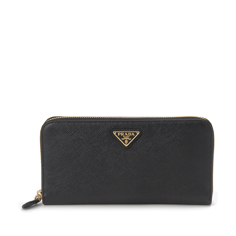 PRADA Black Saffiano Leather Long Wallet Gold Triangle Logo Women