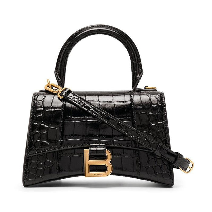 BALENCIAGA Hourglass XS Black Leather Tote Bag