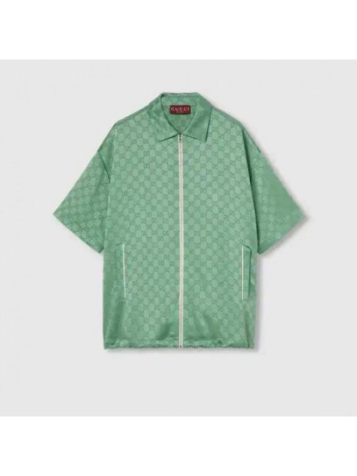 GUCCI Relaxed Fit GG Satin Zip Short Sleeve Blouse