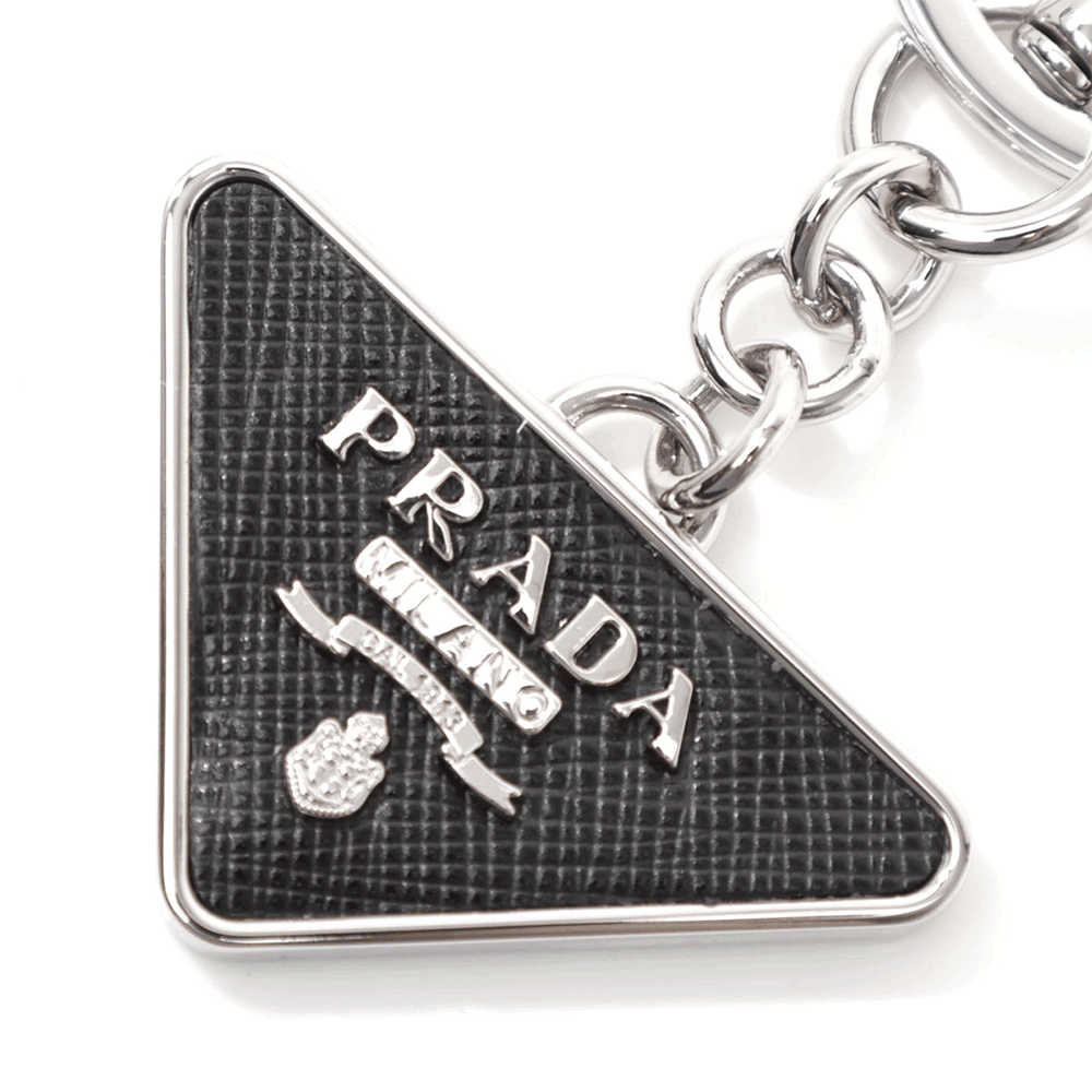 PRADA Triangle Logo Silver-Tone Leather Keyring Keychain Unisex 2PP080