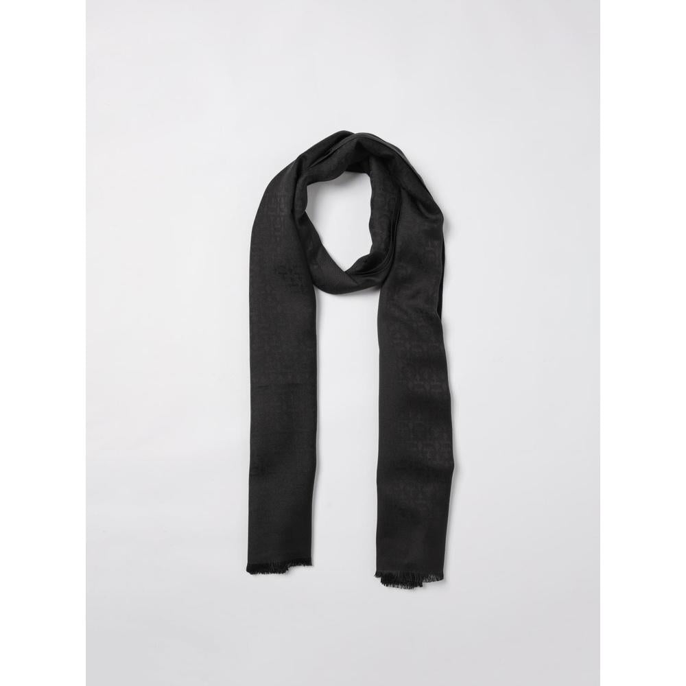 Ferragamo Silk Wool Scarf Men’s Navy Gray Reversible Fringe