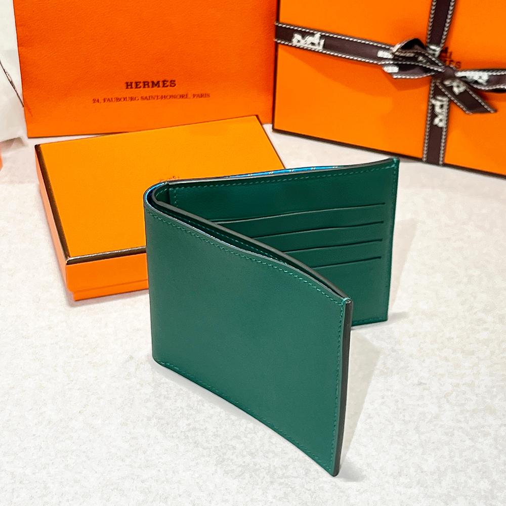 HERMES Citizen Twill Compact Wallet Evercolor Green with Blue Lining