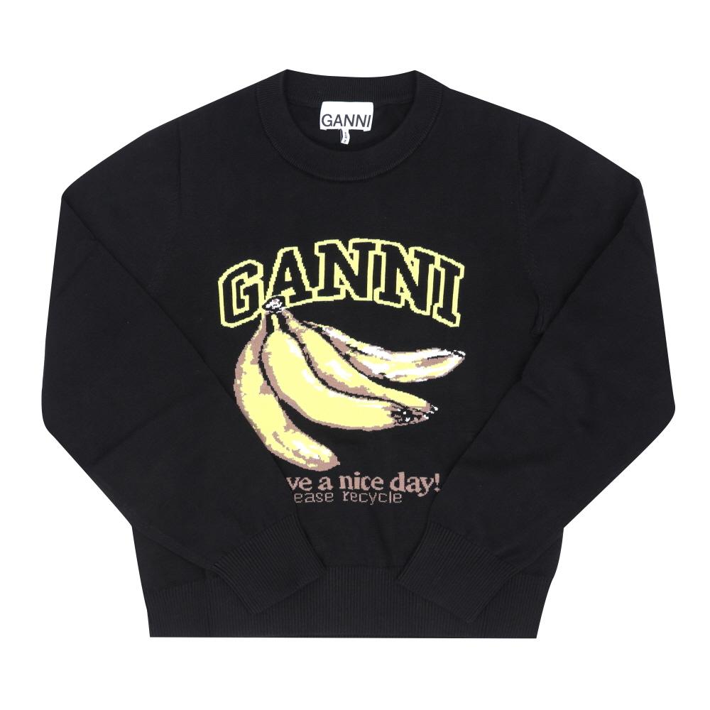 GANNI Banana Logo Crewneck Knit Sweater for Women Black