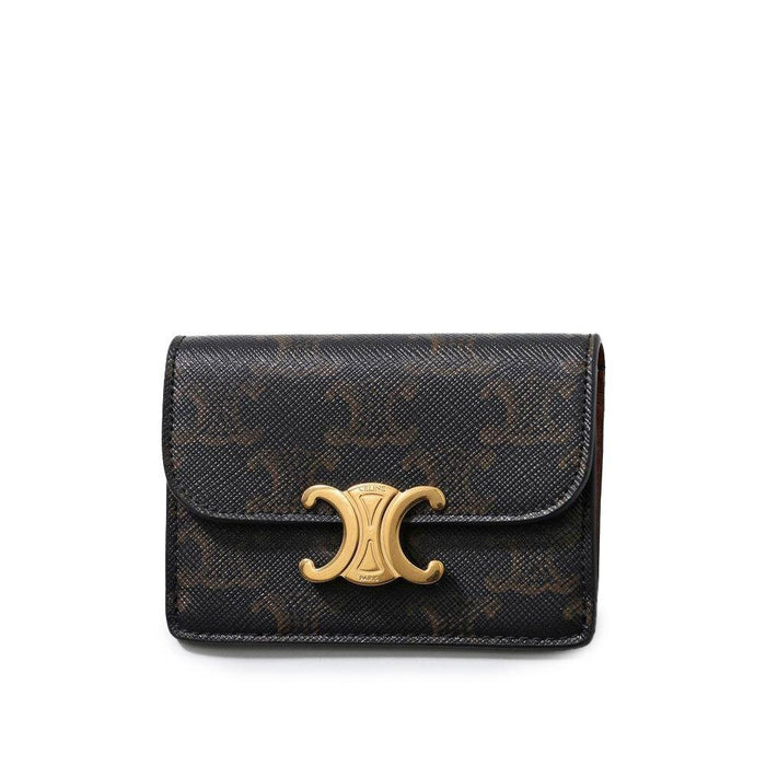 CELINE Triomphe Flap Card Holder Wallet Black Leather Women